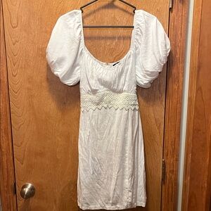 White Puff Sleeve Dress with Lace Detail